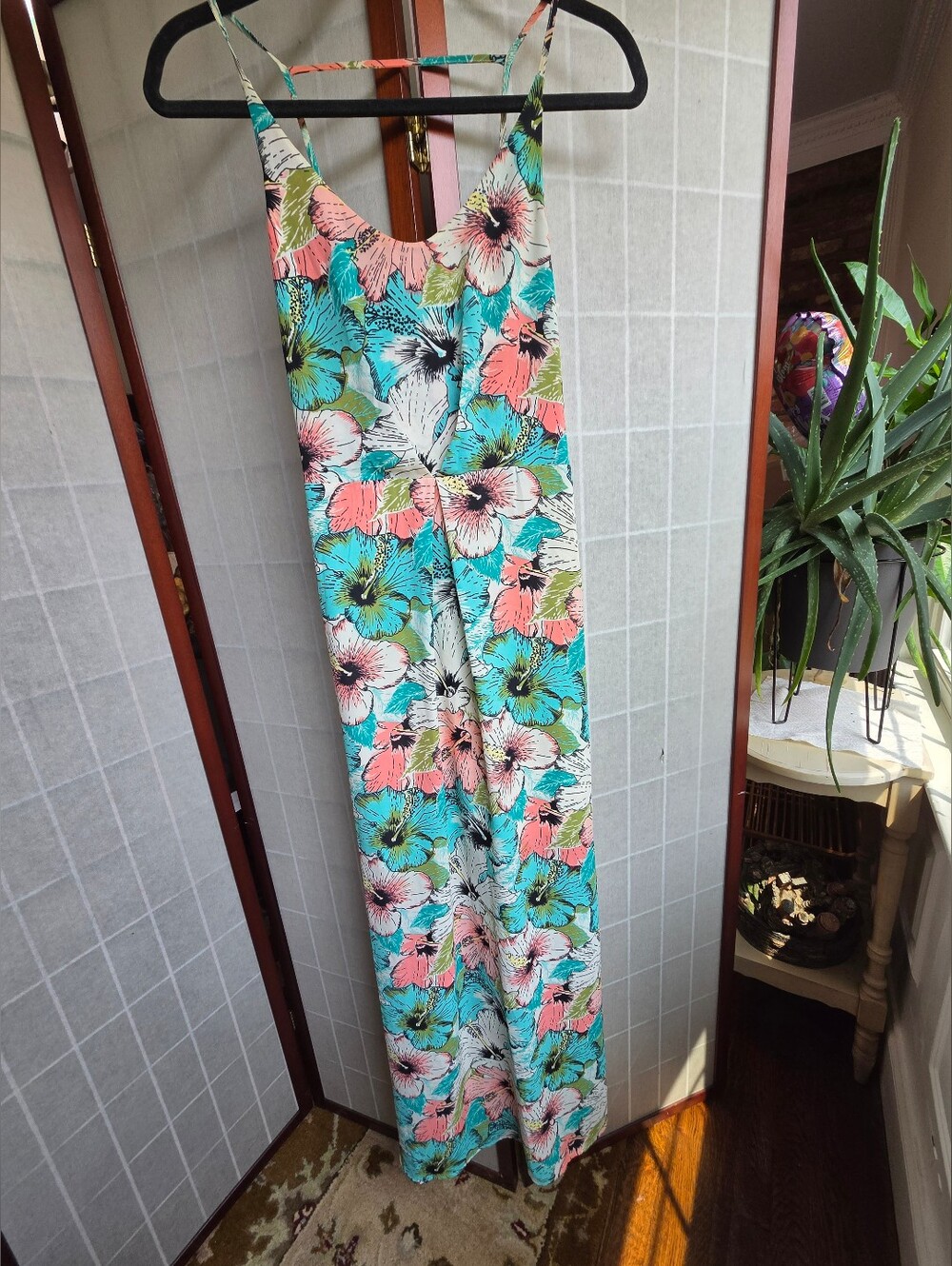 H&M Tropical Hawaiian Floral Hibiscus Summer Maxi Dress Turquoise and Coral Sz 4